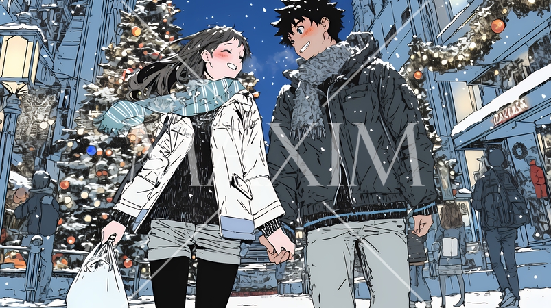 クリスマスのデートを楽しんでいる若いカップル