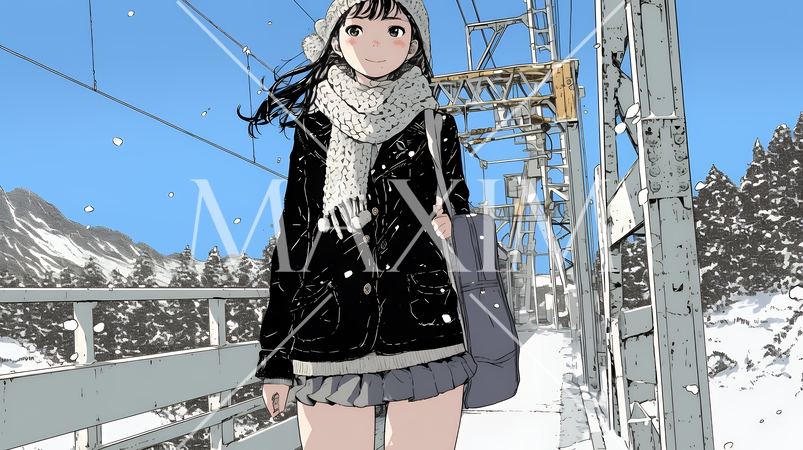 雪の日に通学する女子高生