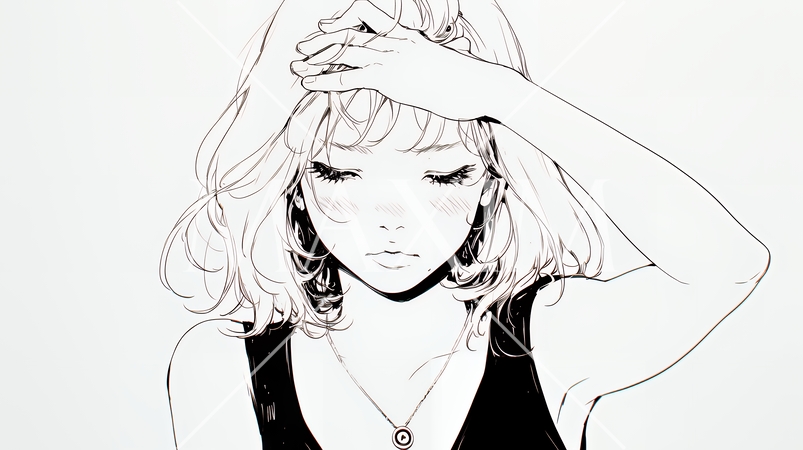 額に手を当てて「困ったな」ポーズをしている若い女性（シンプルな色使い）