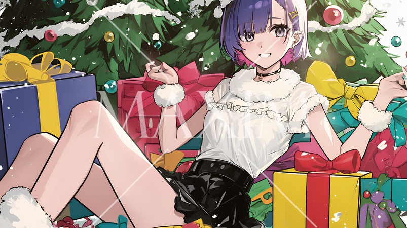 クリスマスプレゼントをたくさんもらって大喜びの若い女性