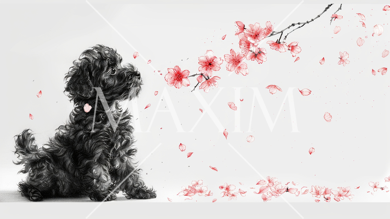 桜の花びらと戯れているトイプードル