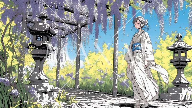 満開の藤の花の下を歩いている若い女性