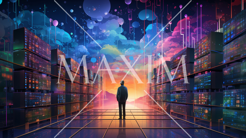 ビッグデータとAI：データ解析、AIが洞察を得る、データセンターの様子。