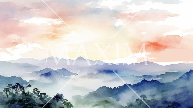 早朝の里山に朝焼けの中に朝靄が雲海のように広がっている。水彩画にした。