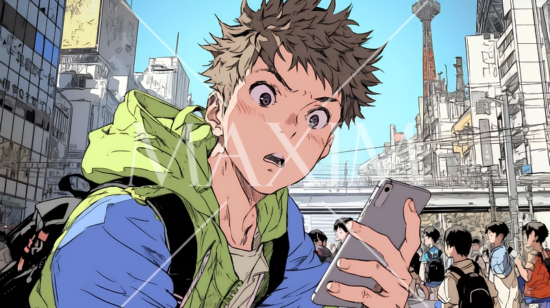 スマホの画面を見て驚いている若い男性