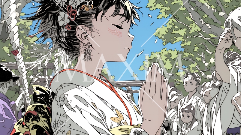 和服を着て初詣をしている若い女性