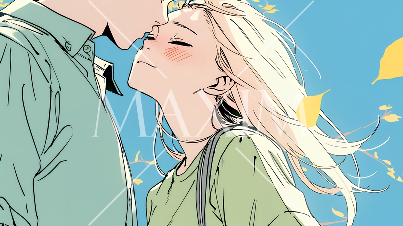 秋の紅葉の下でキスをしている若い恋人たち