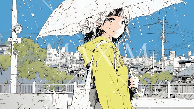 雨の中を傘をさして歩く若い女性
