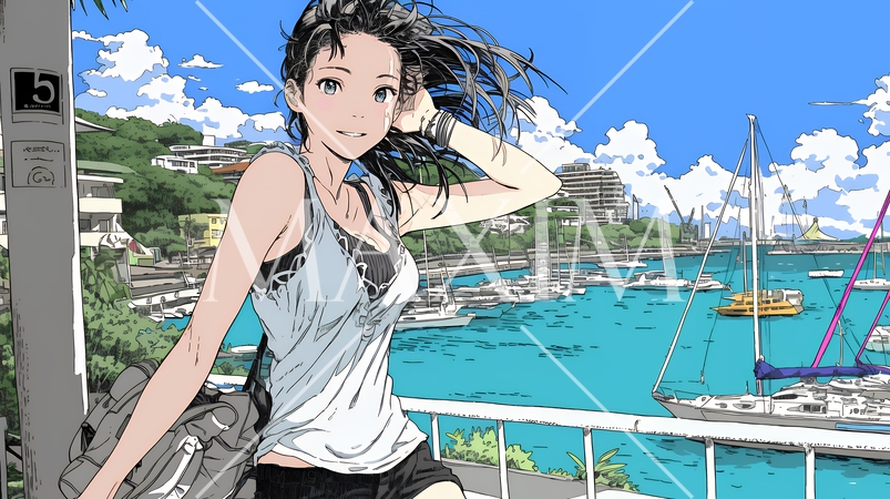 沖縄のヨットハーバーに立つ若い女性