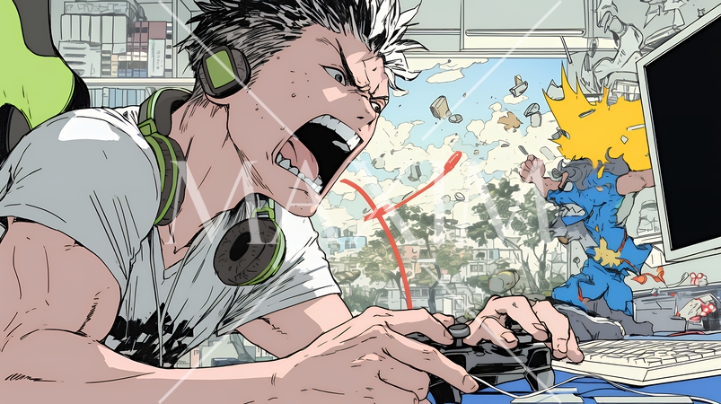 対戦型テレビゲームに没頭している若い男性