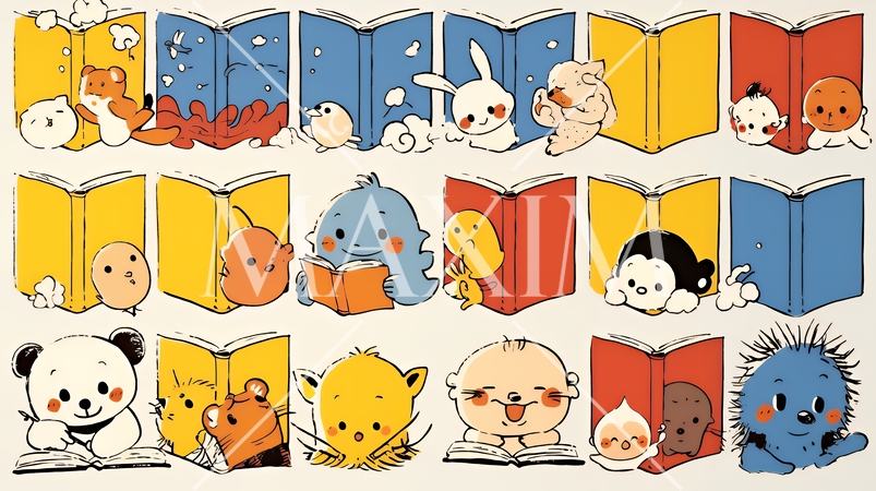 みんな本が大好き：読書週間や読書を促すためのかわいい挿絵・背景画