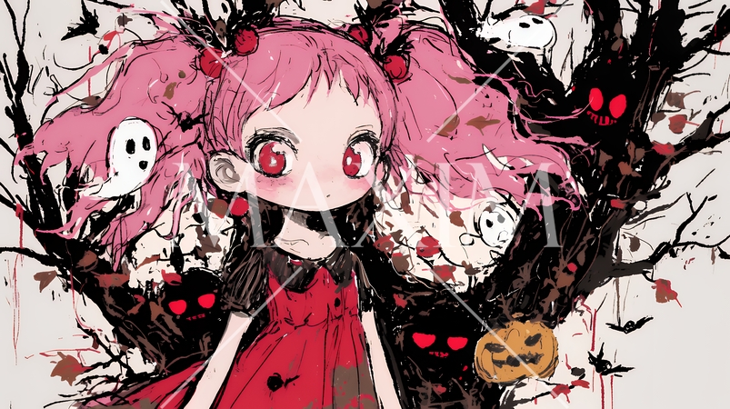 キモかわいいハロウィーンコスプレの女の子（クレヨンと水彩画風）