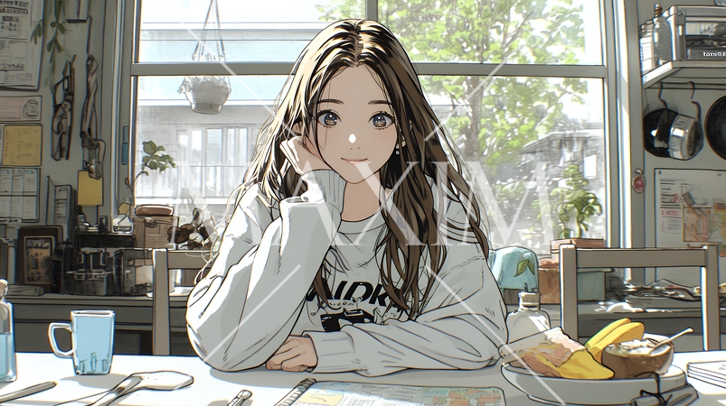 ゆったりした気分で朝食を一人で食べている若い女性