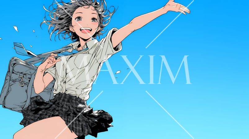 嬉しさのあまり飛び跳ねる制服姿の女子高生