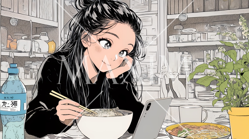 食事の最中もスマホを手放せない若い女性