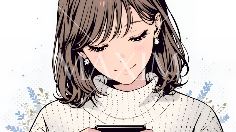 楽しそうにスマホ画面を眺めている若い女性