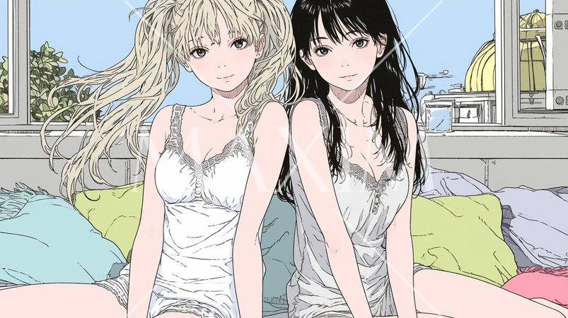 自宅で下着姿でくつろいでいる若い女性たち