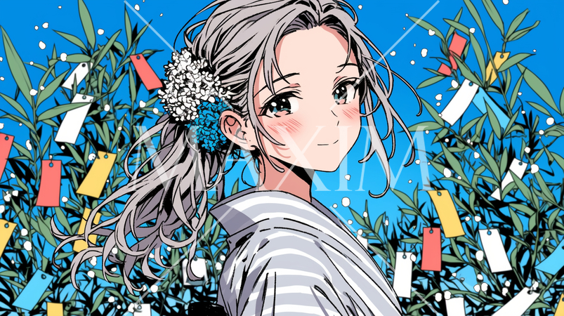 七夕の笹と浴衣姿の若い女性