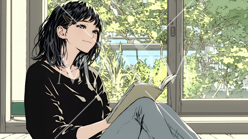 のんびり・ゆったり：窓辺でリラックスして本を読んでいる若い女性