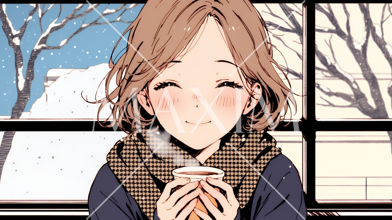 寒い冬、温かい飲み物を手にして、ふっと幸せそうに微笑む若い女性