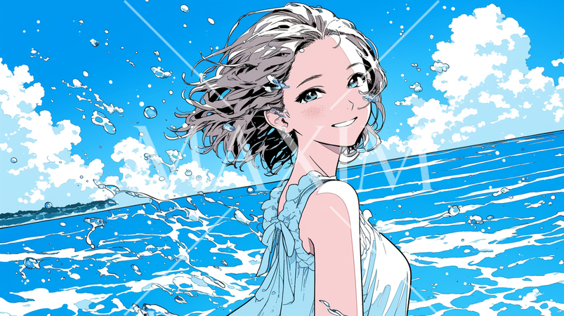 沖縄の海と空と若い女の子