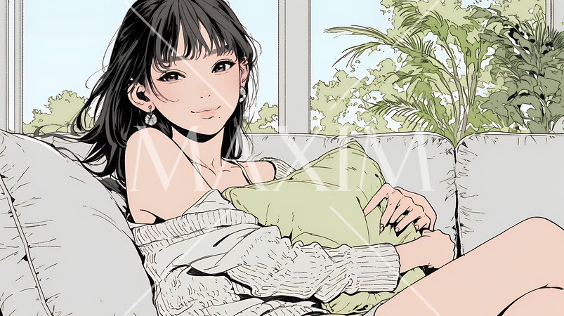 ソファでクッションを抱えてくつろぐ若い女性