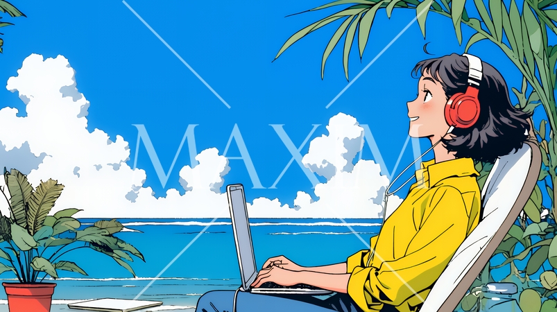 ワーケーション：休暇を楽しみながら仕事をしている女性