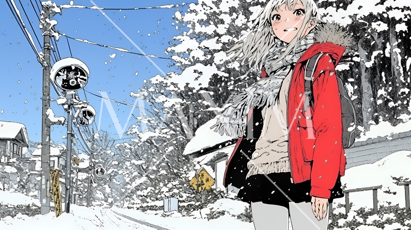 雪の積もる田舎道を歩いている若い女性