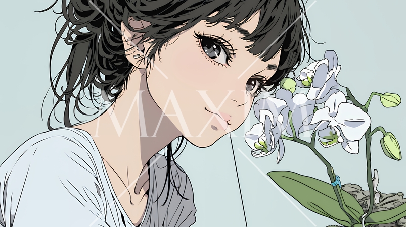 蘭の花と若い女性