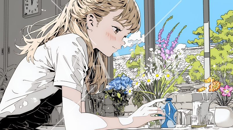 おもてなし（優しい心遣い）：来客のために花瓶に花を生ける若い女性