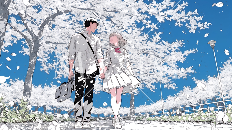 満開の桜の木の下でデートをしている若い男女のカップル