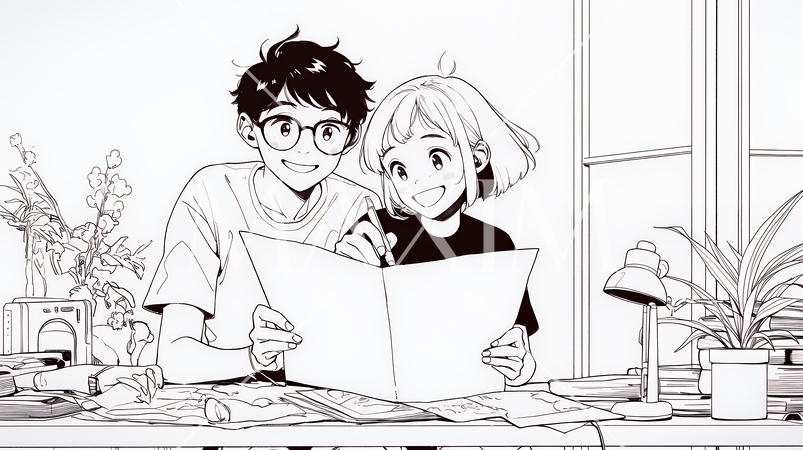 仲良く二人で旅行の計画を立てている若いカップル（シンプルな色使い）