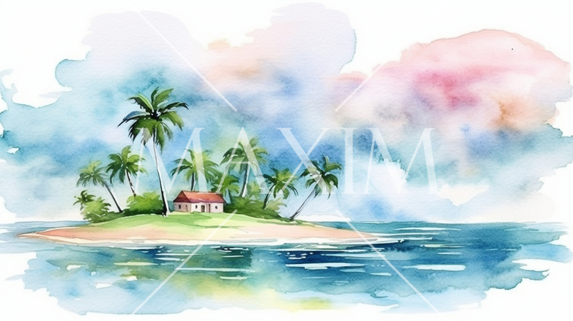 南の島の浜辺と空の背景イメージの水彩画
