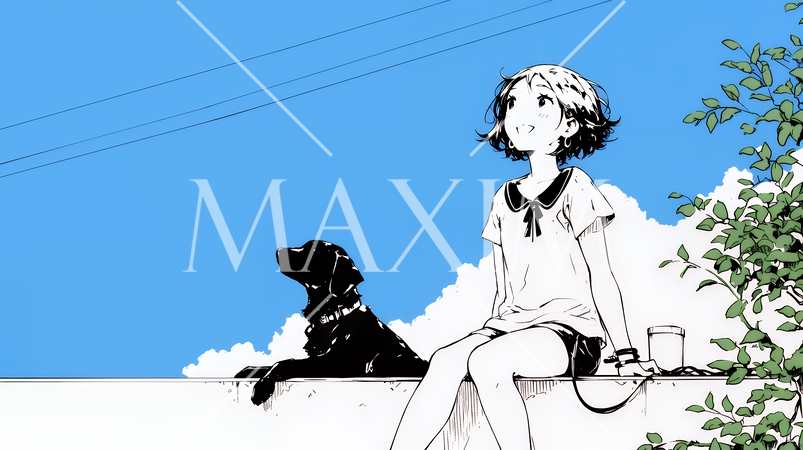 愛犬と散歩している若い女性（シンプルな色使い）