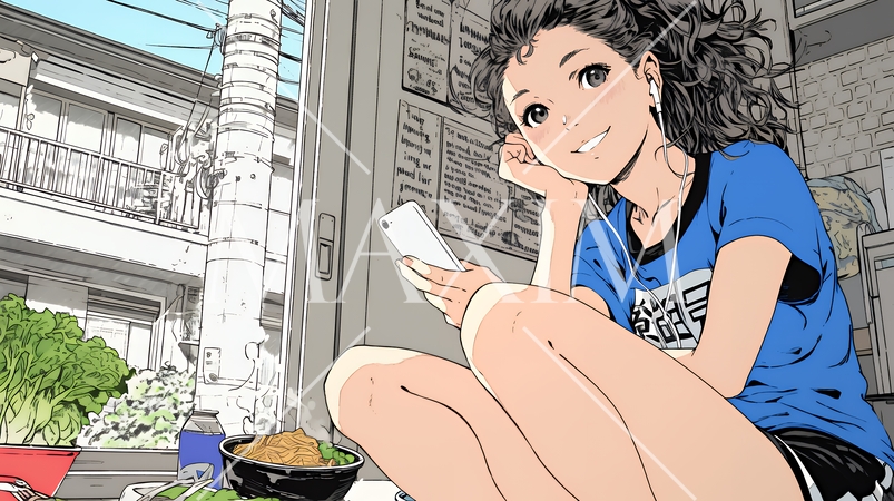 食事の最中もスマホを手放せない若い女性