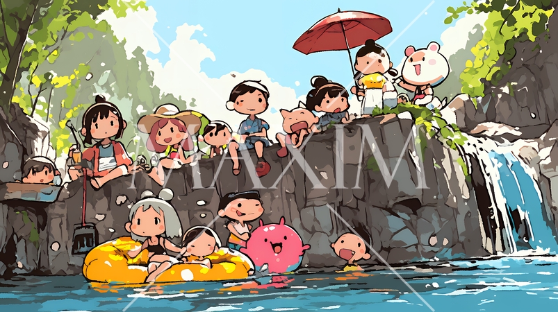 小学生の夏の思い出：川辺に遊びに行く（クレヨン＋水彩画風）