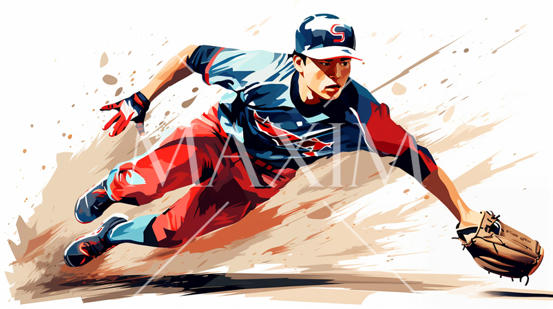 野球の守備でランニングキャッチをしている男性