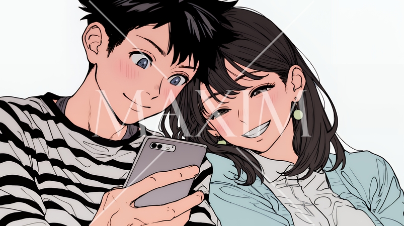 幸せそうに一緒にスマホを見る若いカップル