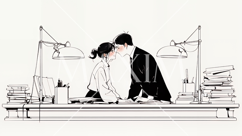 オフィスラブ（社内恋愛）をしている若いカップル（シンプルな色使い）