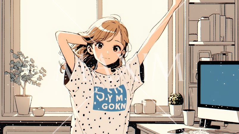 朝の目覚ましを止めて伸びをしている若い女性