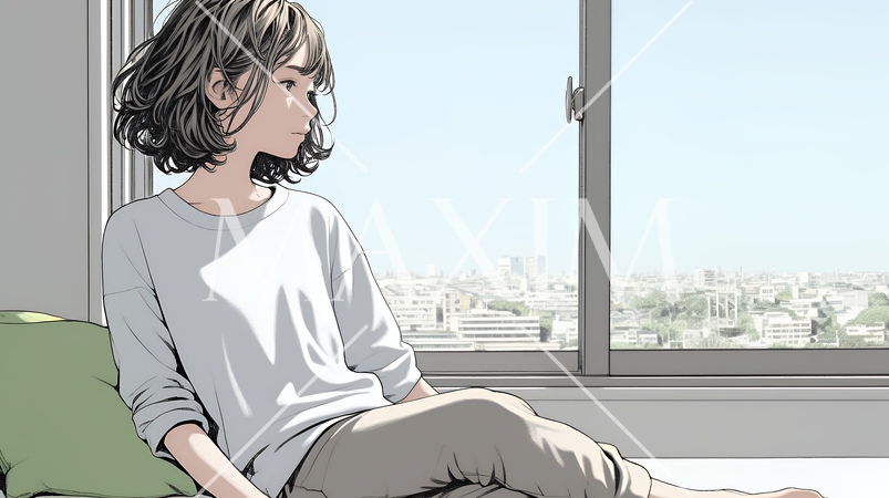 白い壁に向かって考え事をする若い女性