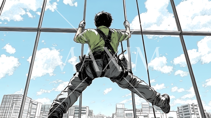 ビルの外壁作業中の男性