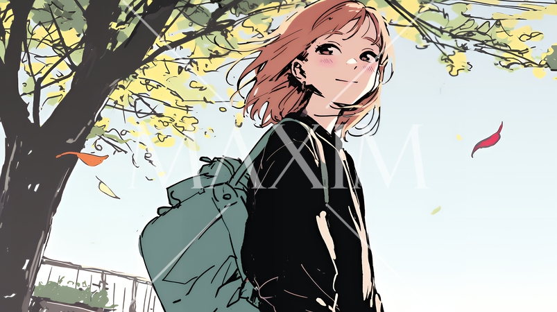 紅葉の秋の公園を歩く若い女性