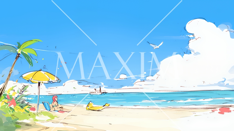 夏の青い空、青い海、白い雲と砂浜のコントラスト（クレヨン＋水彩画風）