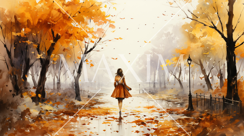若い女性がいる秋の公園：木々が色づいている水彩画