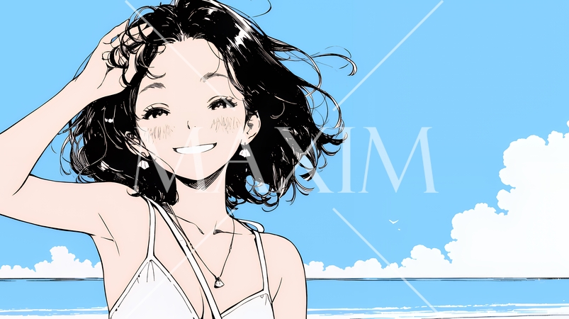 夏休みの思い出：海辺の町への一人旅（シンプルな色使い）