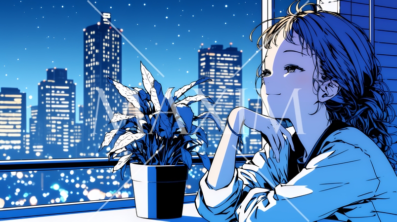 ベランダで夜風に当たりながら都会のランドスケープを眺め休む若い女性