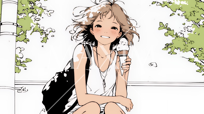 夏空の下でソフトクリーム（コーンに乗ったアイスクリーム）をたべる若い女性（シンプルな色使い）