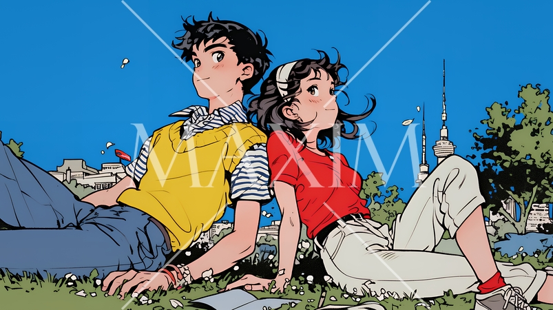 新緑の芝生が広がる都会の公園でくつろぐ若い男女