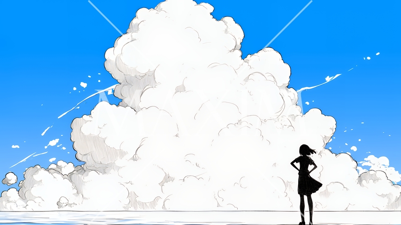 夏の海と入道雲と若い女性（シンプルな色使い）